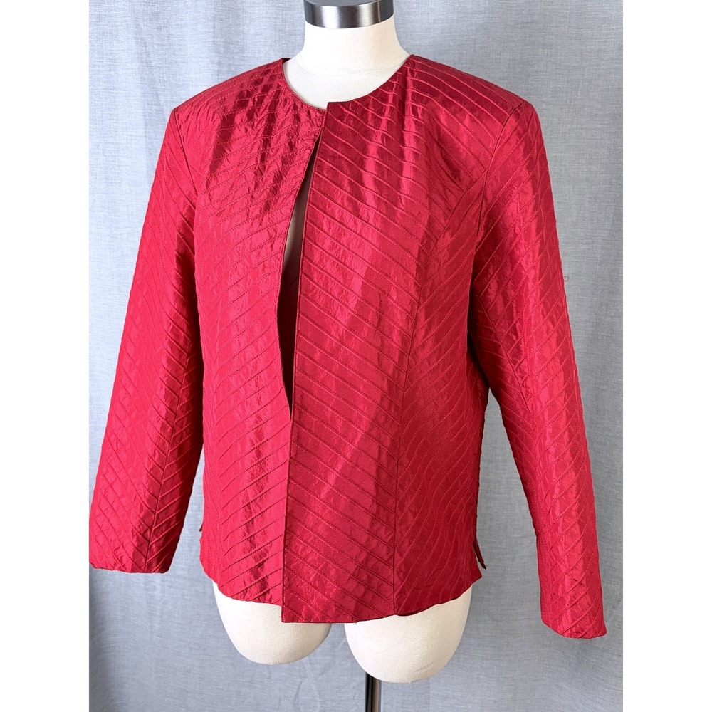 Vintage Silk Club Collection Red Silk‎ Jacket Open Front Chevron Weave L